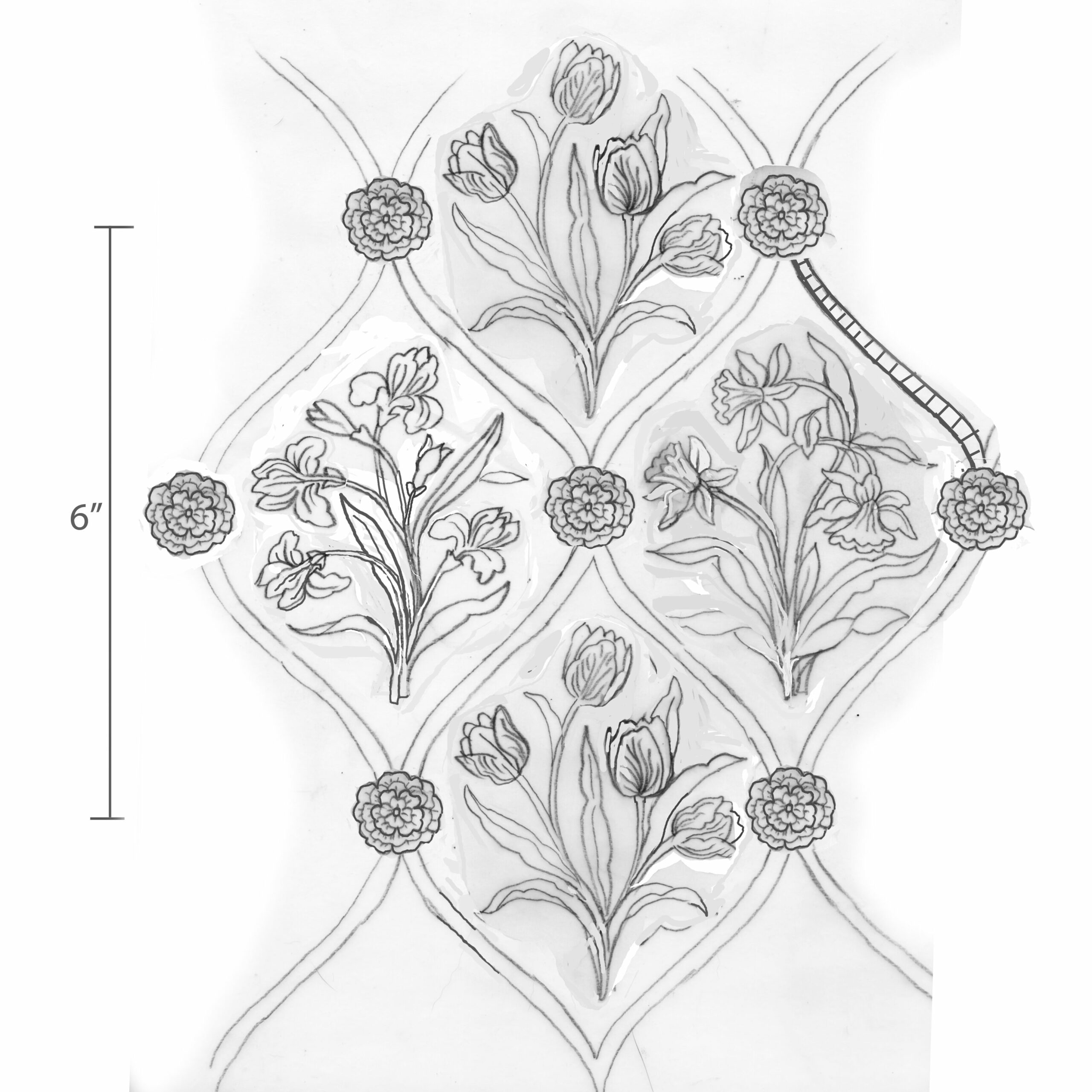 Floral print sketch of irises tulips and daffodils