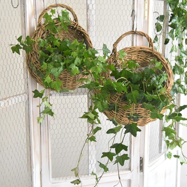 woven baskets used as hanging planters for rustic decor