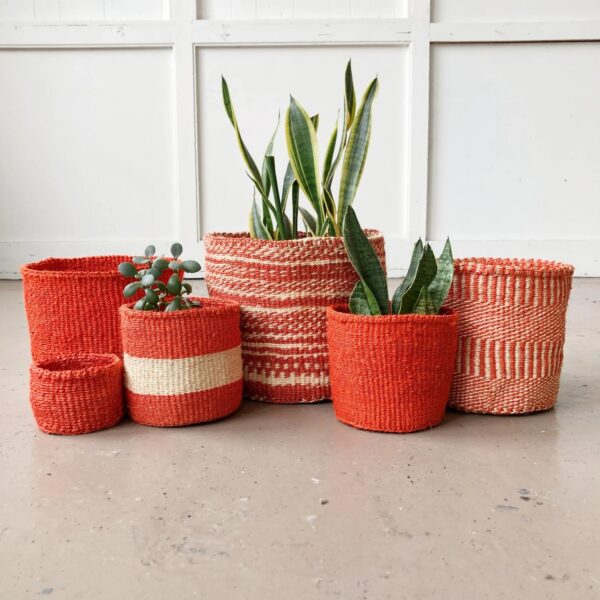 woven baskets used as planter pots for a pop of color