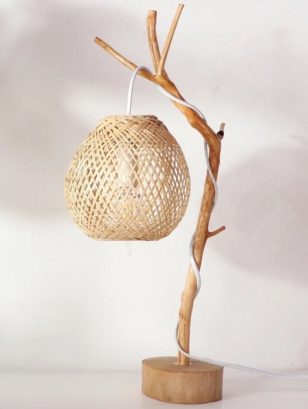 Modern bohemian style lamp using natural lampshade and a modern color palette