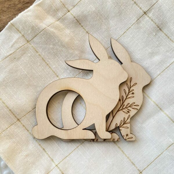 Photograph of Easter napkin rings featuring rabbit-shaped wooden rings