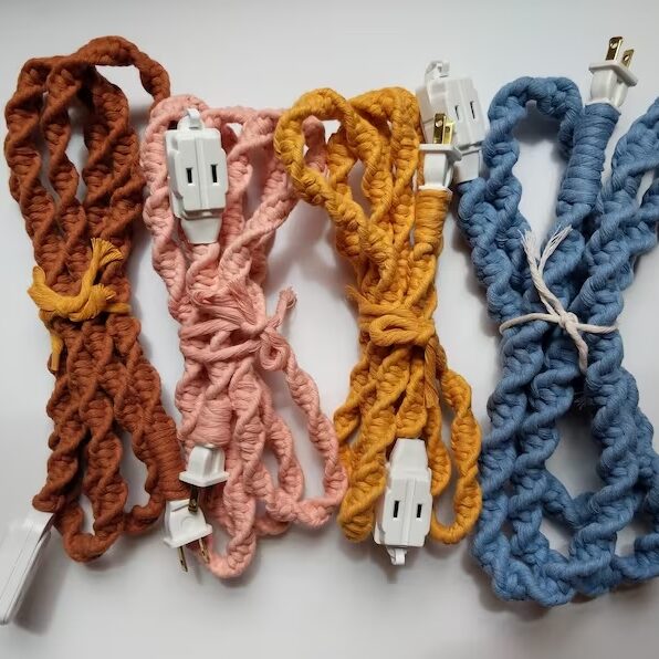 Photograph of macrame extension cords demonstrating the idea of how to refresh a guest room with functional accessories