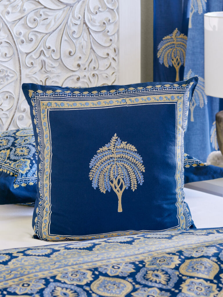 Palm tree block print throw pillow cover for boho style home decor in the bedroom