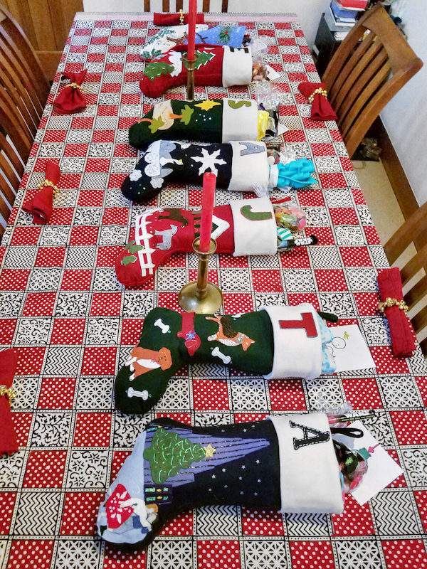 black and red Christmas tablecloth with patchwork pattern