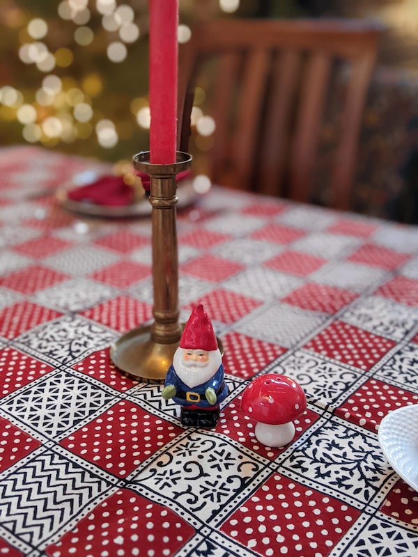 black and red holiday table runners with polka dots and patchwork