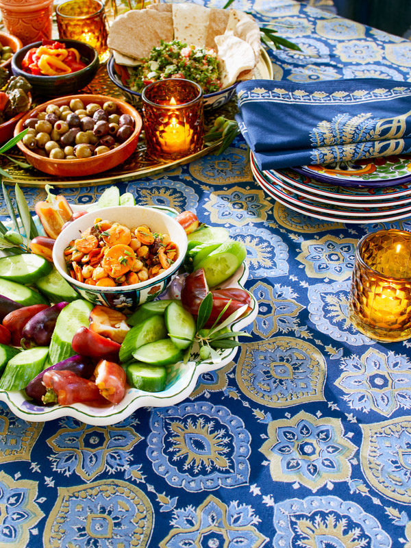 Blue and gold tablecloth for boho christmas