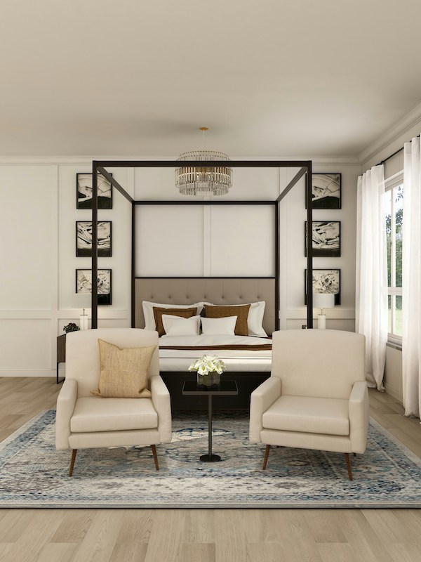 Photograph of a bedroom showcasing the transitional interior design style through the use of symmetrical decor and a neutral color palette