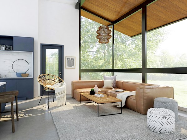 Photograph of a living room in a transitional interior design style achieved through a neutral color palette and Mid-Century Modern furniture