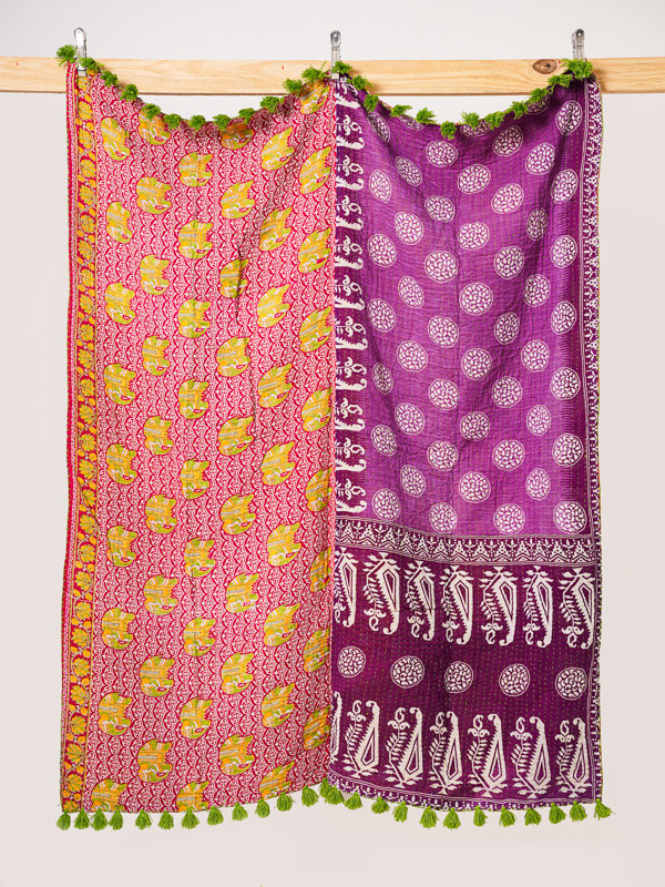 Berry Blossom Vintage Sari Kantha Throw