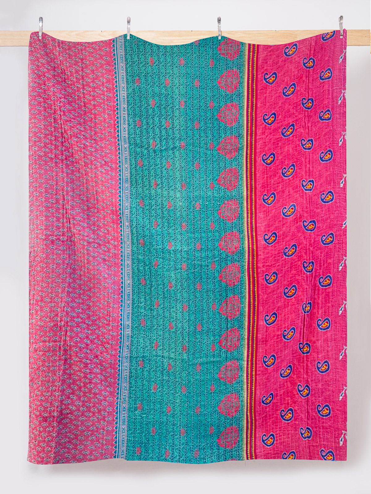 Turquoise Peacock Bazaar Queen Kantha Quilt