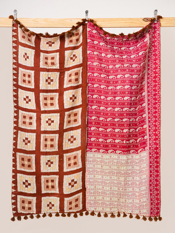 Raspberry Courtyard Kantha Throw Quilt