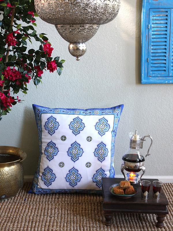 Casablanca Blues - White ~ Moroccan Style Quatrefoil Euro Sham