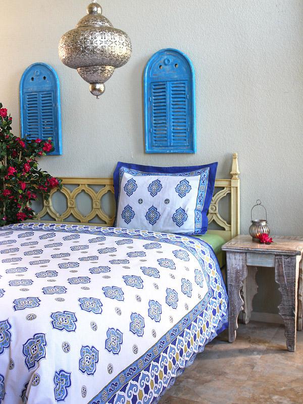 Casablanca Blues - White ~ Moroccan Quatrefoil Duvet Cover