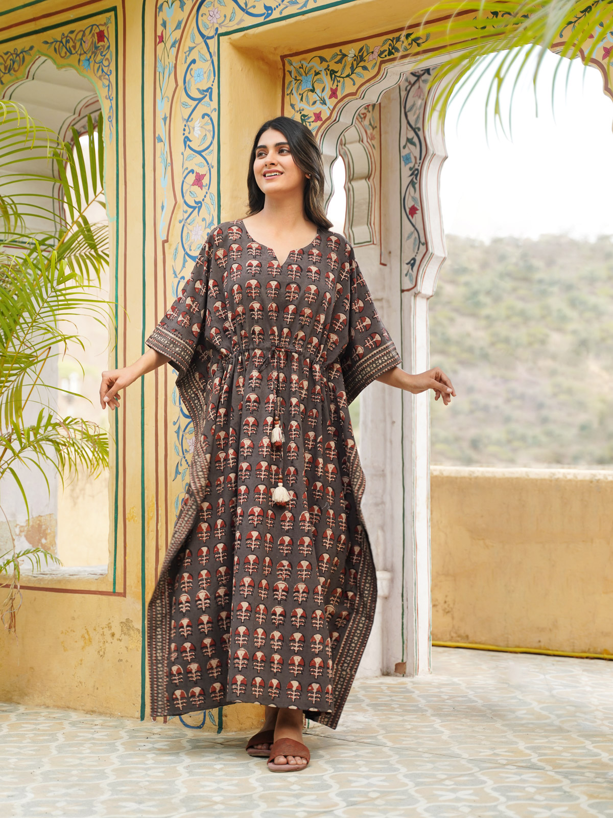 Crimson Carnations ~ Long Kaftan, Floral Resort Lounge Wear