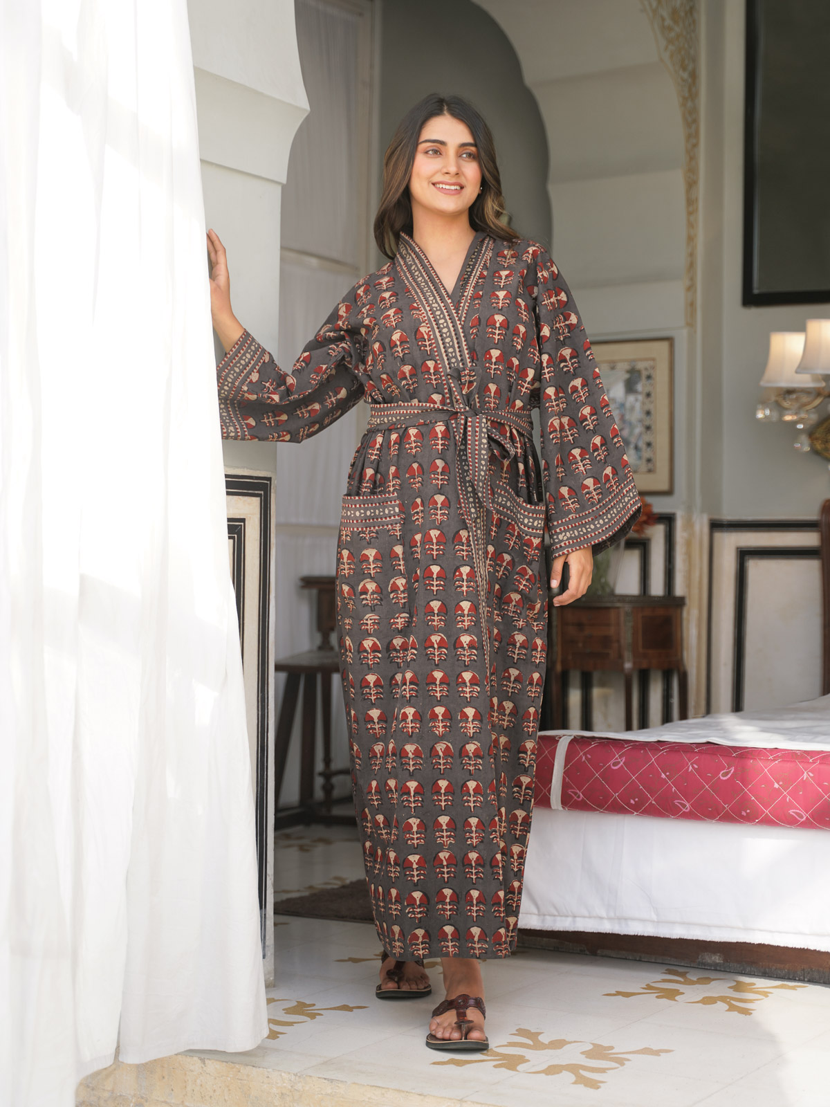 Crimson Carnations ~ Floral Kimono Robe, Resort Lounge Wear
