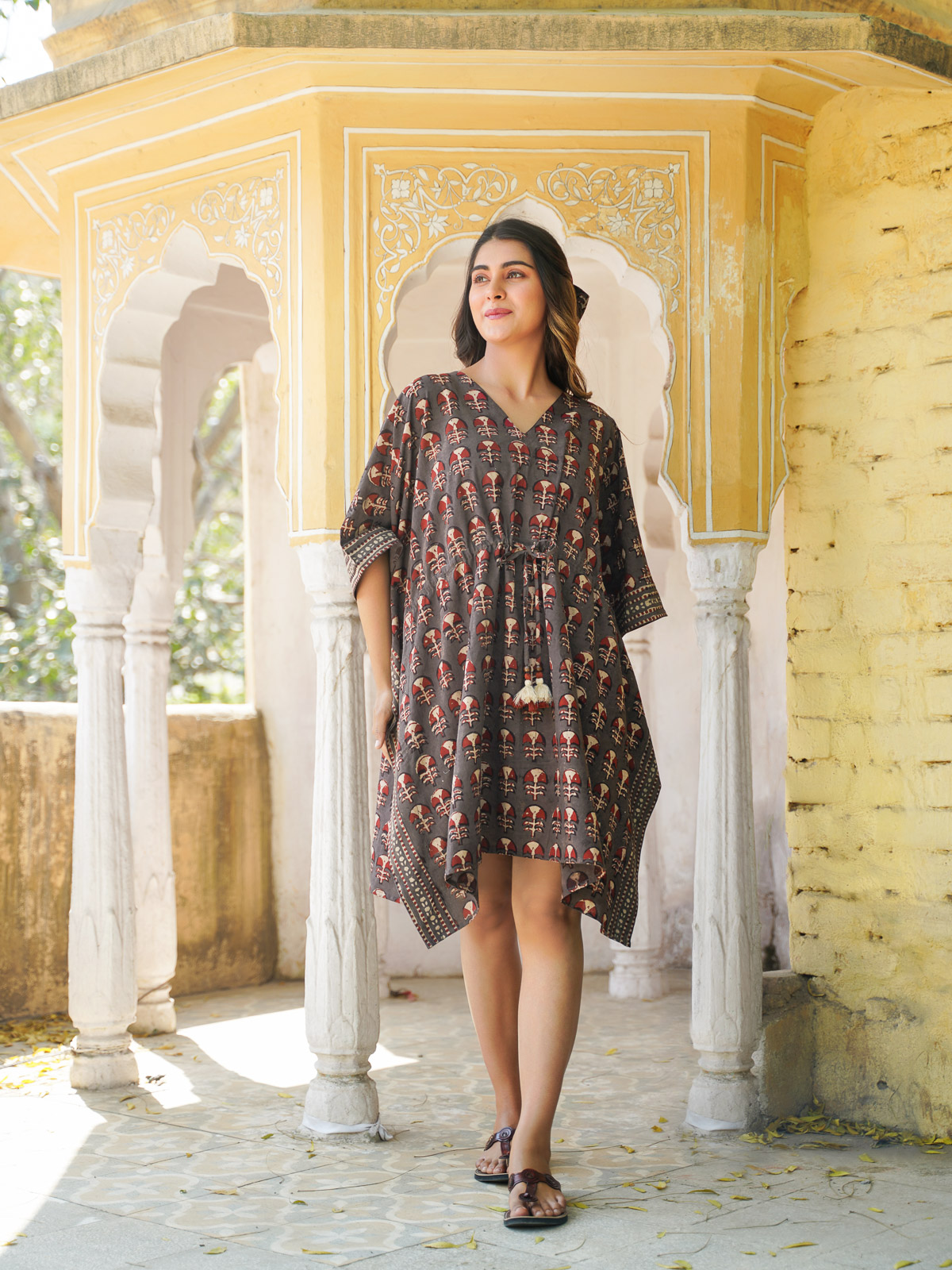 Crimson Carnations ~ Short Kaftan, Floral Tunic Top for Women