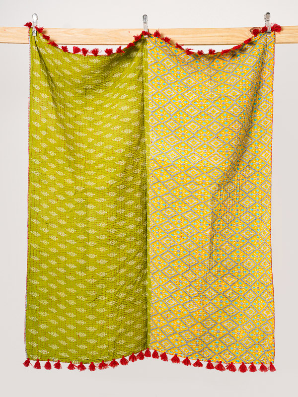 Lime Blossom Vintage Sari Kantha Throw