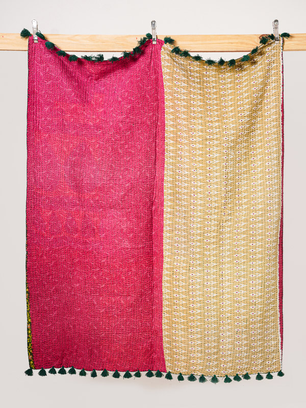 Rose Cream Vintage Sari Kantha Throw