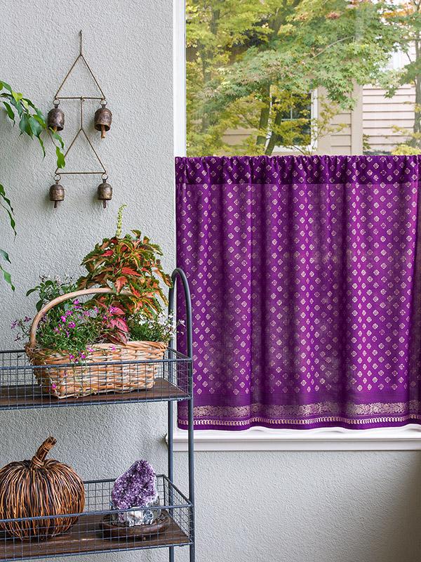 Mystic Amethyst ~ Plum Purple & Gold Sari Print Kitchen Curtain