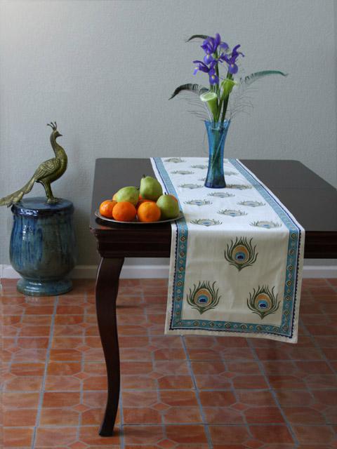 Ivory Peacock Feather Elegant Table Runner Exotic Holiday Table Linens