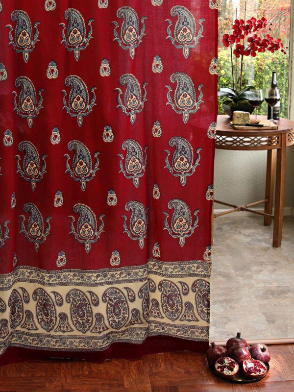 Dancing Paisleys ~ Paisley Print Vintage Red Sheer Curtain Panel