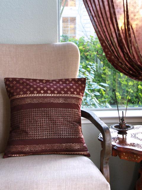 Gilded Chocolate (CP) ~ Brown and Gold Sari Throw Cushion Cover