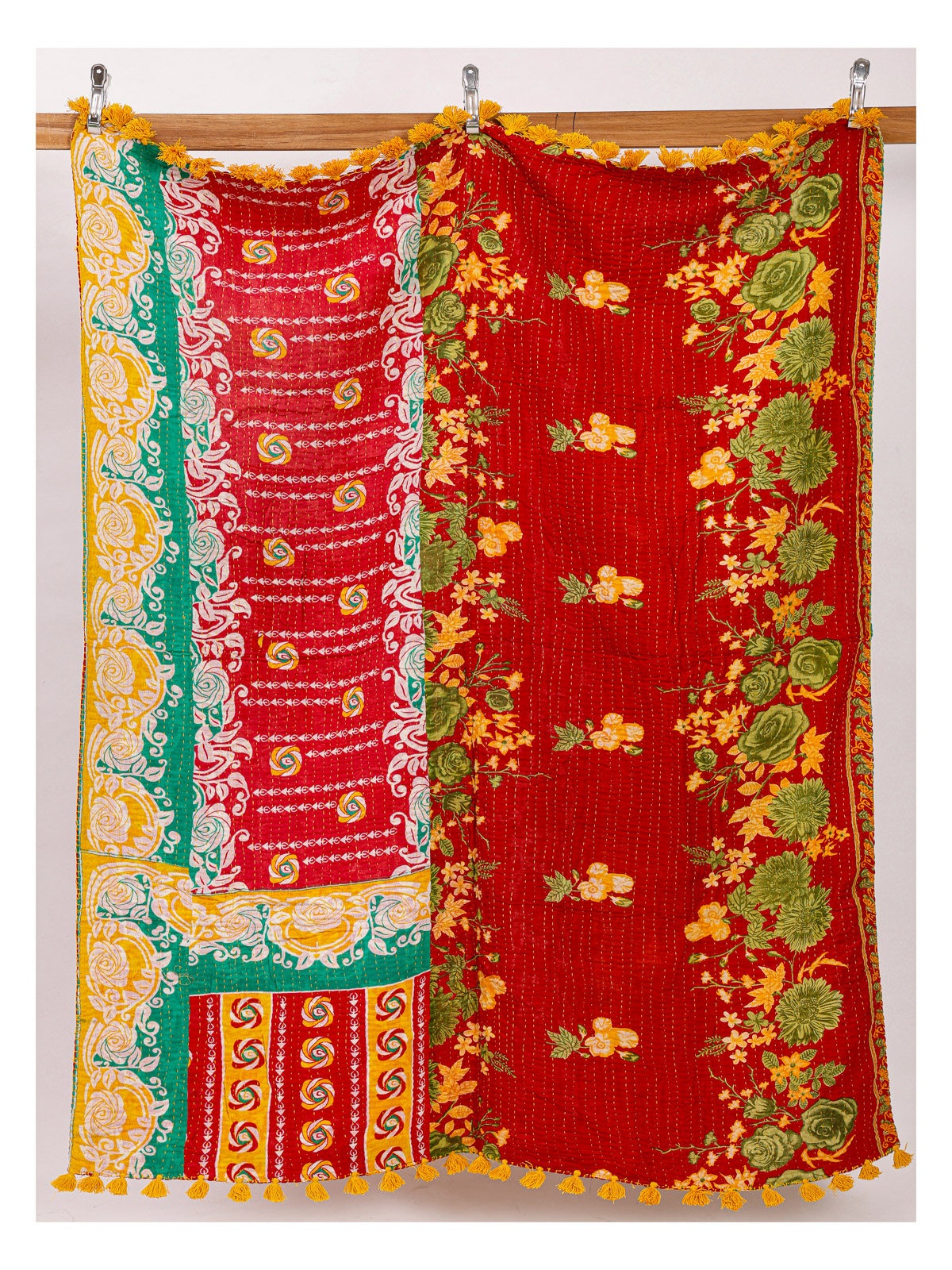 Crimson Palace Kantha Throw Quilt