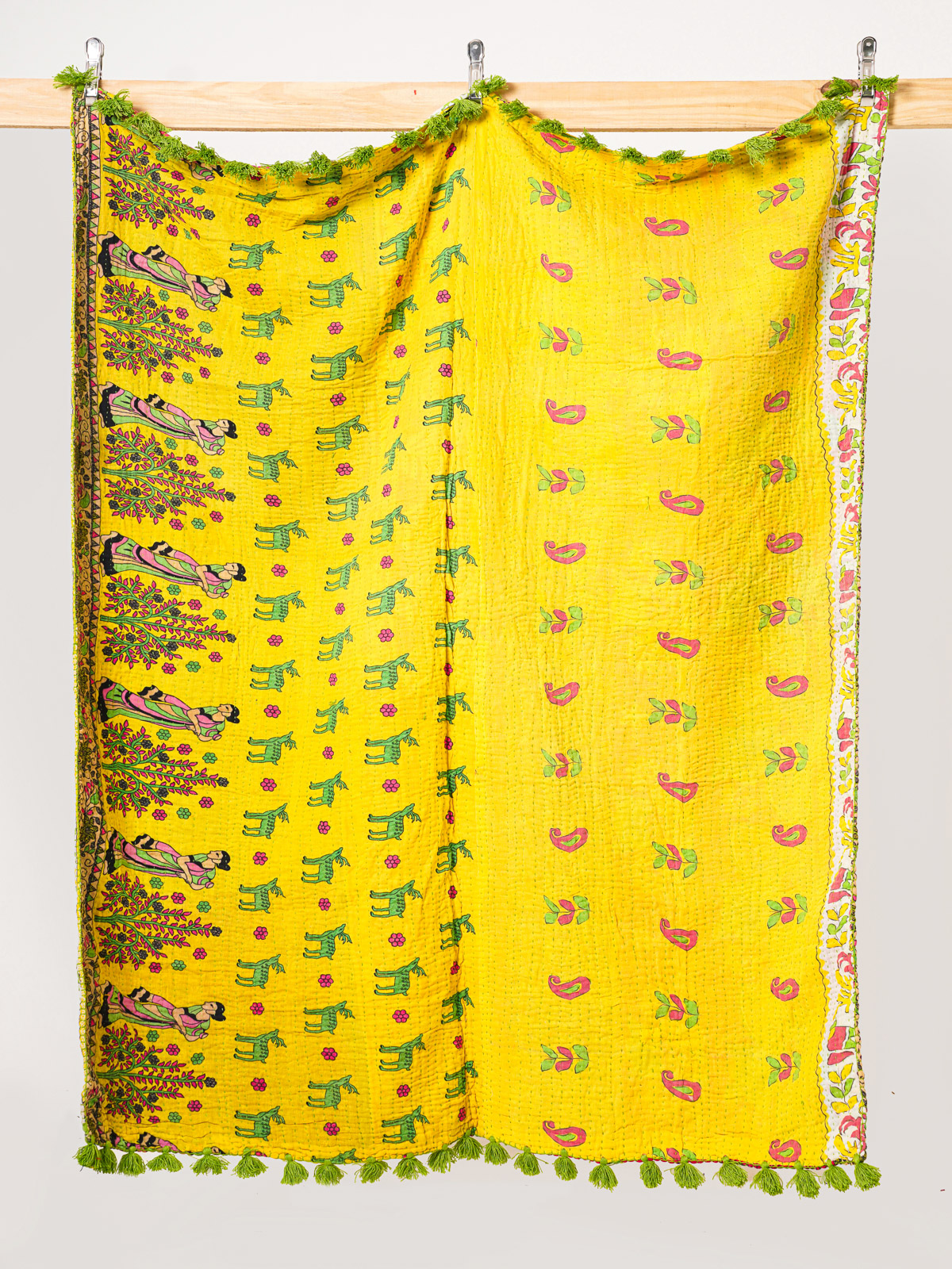 Sunlit Folk Garden Throw Kantha Quilt