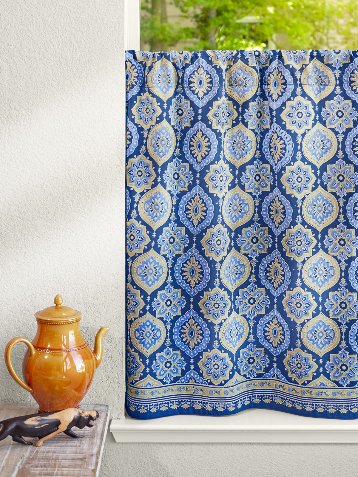 Istanbul ~ Moroccan Boho Style Navy Blue & Gold Kitchen Curtain