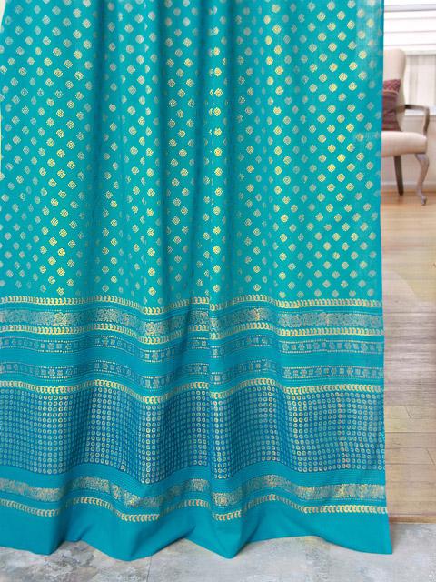 Jeweled Peacock ~ Turquoise Gold Sari India Curtain Panel