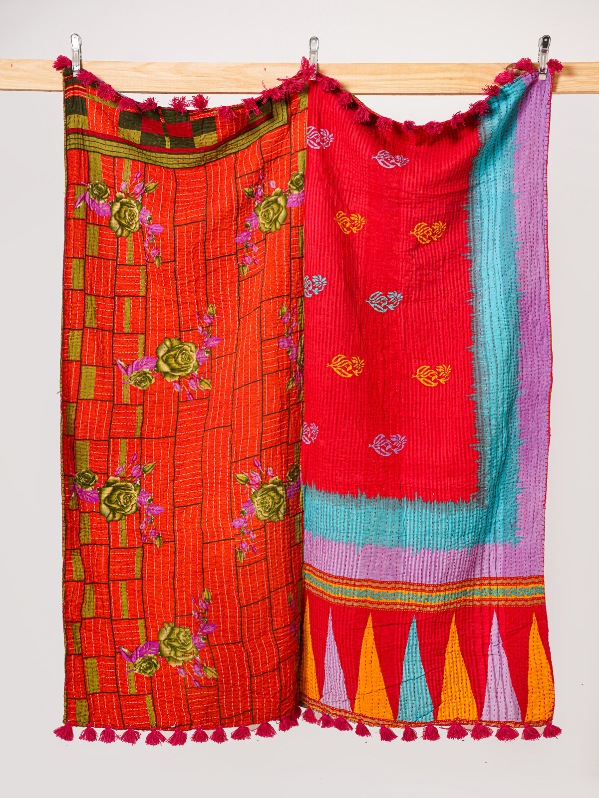 Coral Tide Kantha Throw Quilt