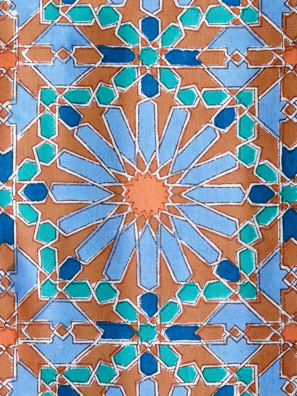 Mosaique Bleue - Earth ~ Blue Orange Fabric With Geometric Print