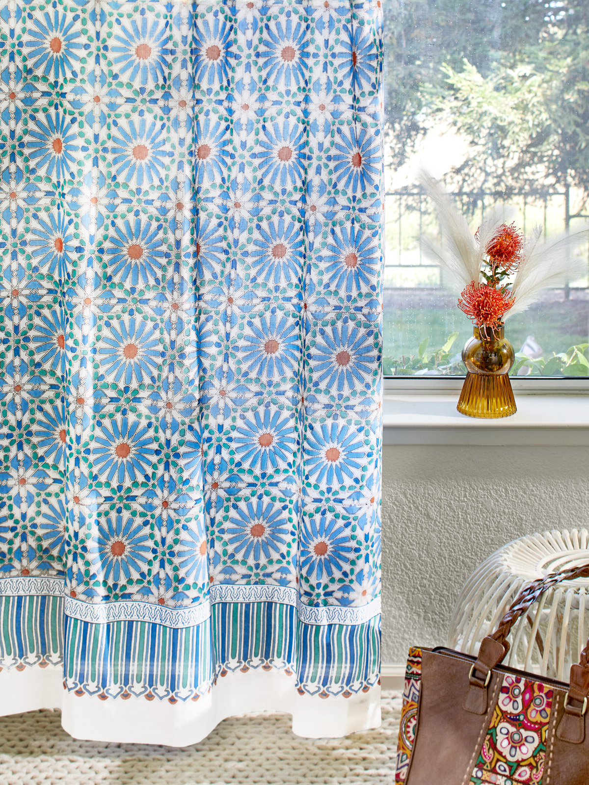 Mosaique Bleue - Sky ~ Moroccan Print Boho Sheer Curtain Panel