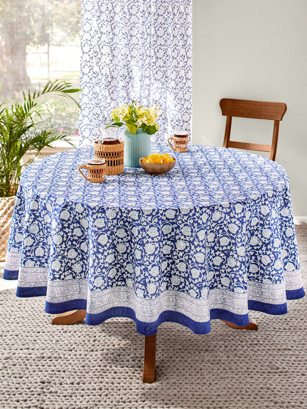 Midnight Lotus ~ Asian Blue Floral Banquet Round Tablecloth
