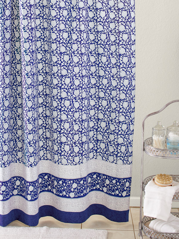 Midnight Lotus ~ Unique Asian Floral Blue Fabric Shower Curtain