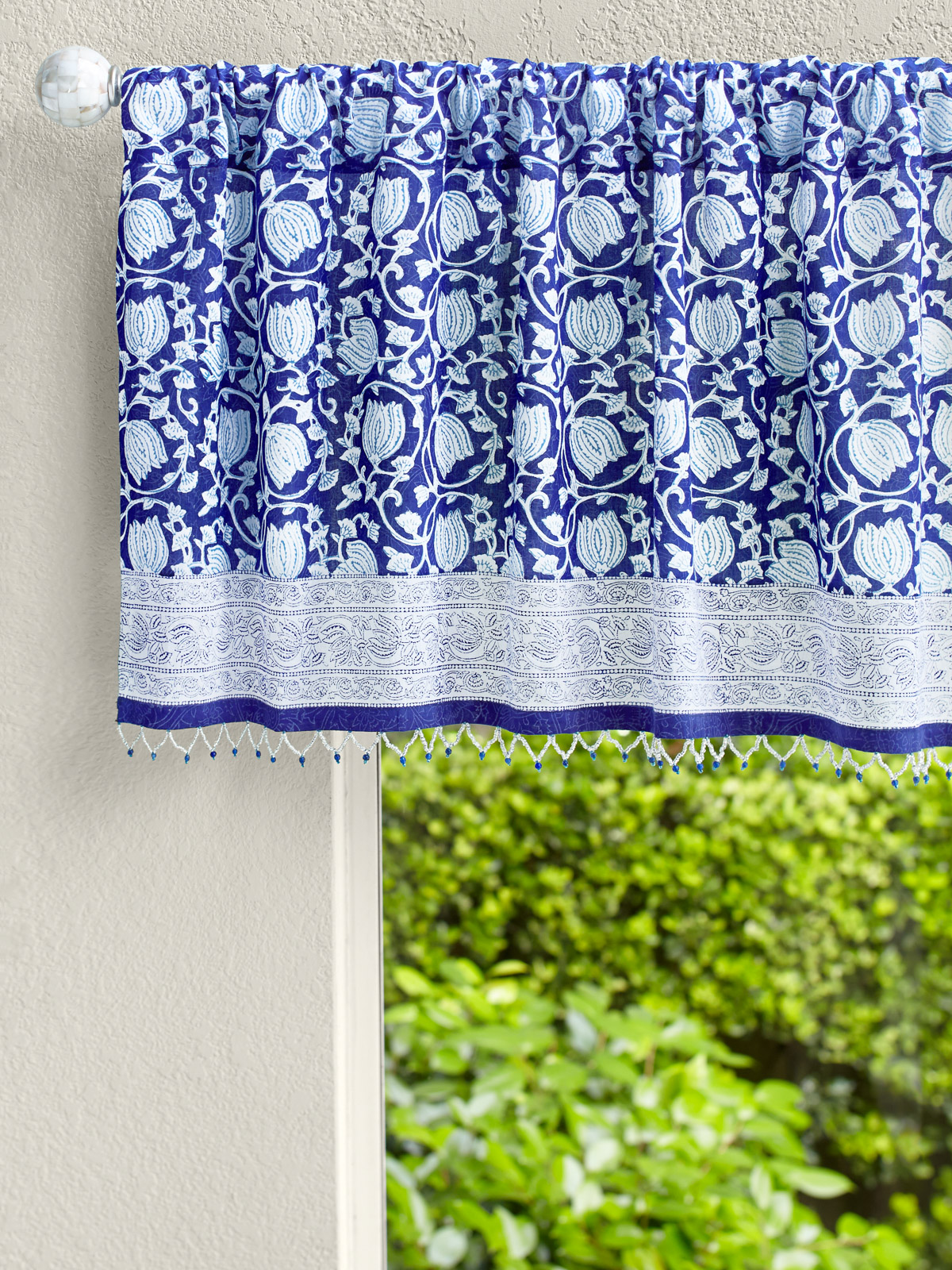 Midnight Lotus ~ Blue Beaded Window Valance Curtains Treatments