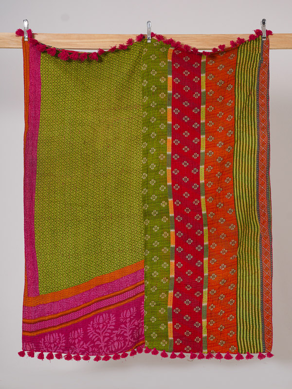 Olive Harvest Courtyard Kantha Throw Quilt