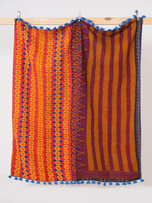 Saffron Sunset Bazaar Kantha Throw Quilt