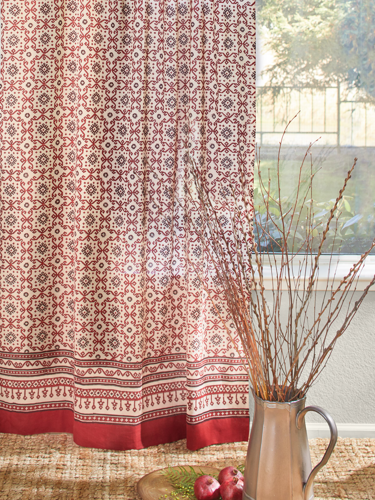 Ruby Kilim (CP) ~ Red Black Kilim Geometric Sheer Curtain Panel