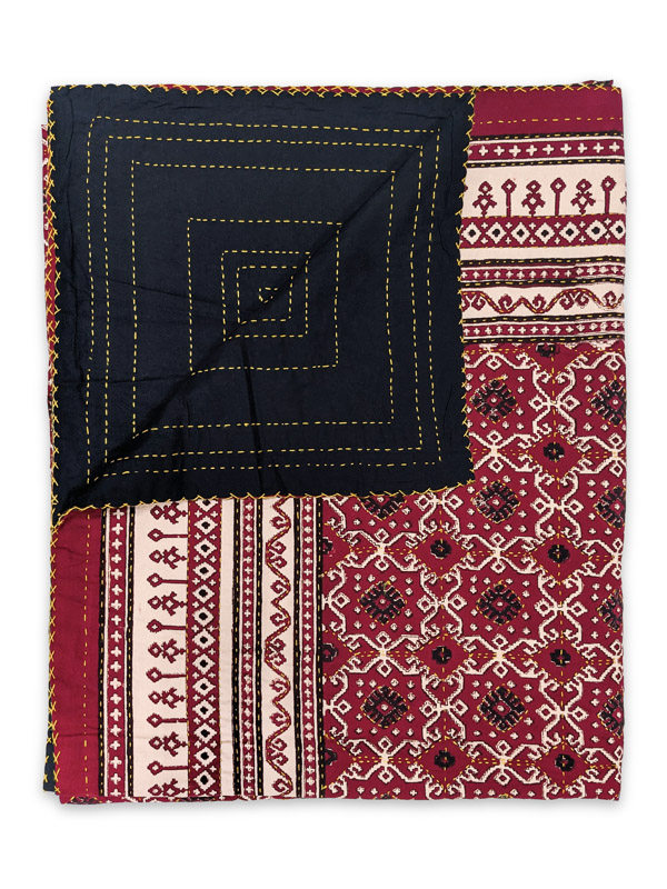 Ruby Kilim ~ Rustic Red Black Designer Quilted Bedspread