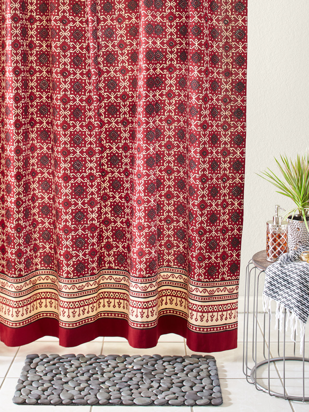 Ruby Kilim ~ Designer Luxury Red Black Fabric Shower Curtain