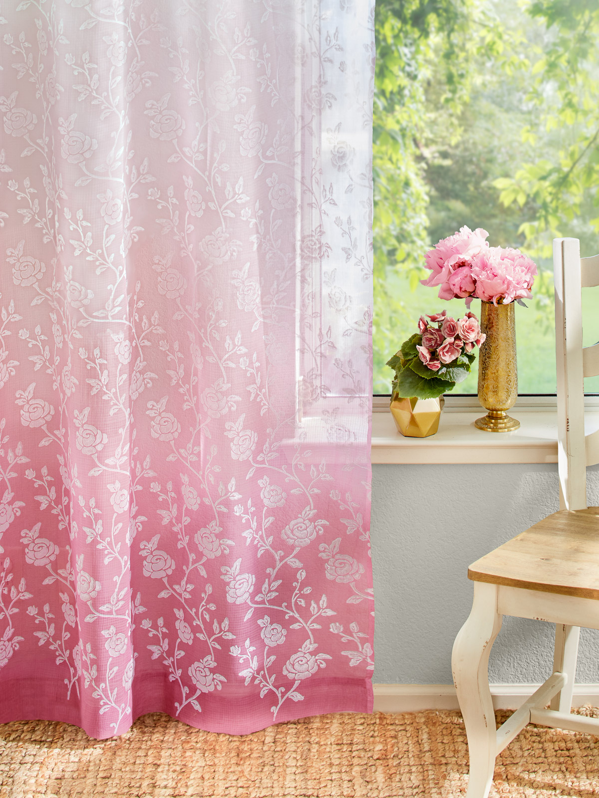 Rose Damask ~ Pink Ombre Sheer Curtain Panel