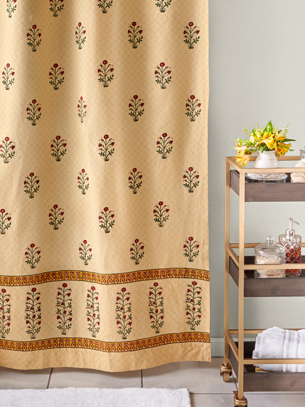 Red Poppy ~ Ethnic Indian Print Floral Bathroom Shower Curtain