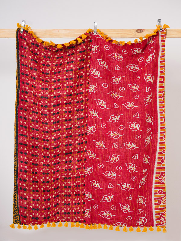 Ruby Leaf Bazaar Kantha Throw Quilt