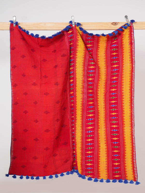 Crimson Festival Stripe Kantha Throw Quilt