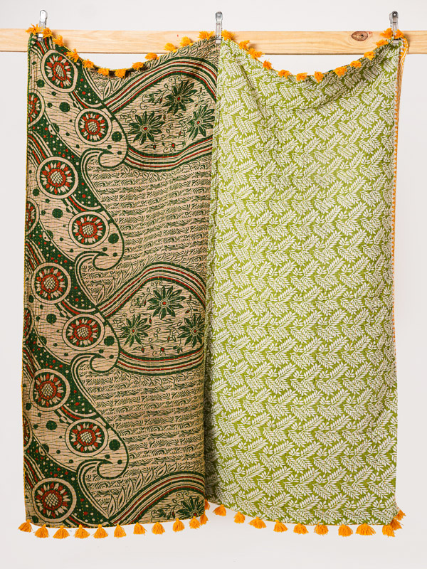 Sage Courtyard Garden Kantha Throw Quilt