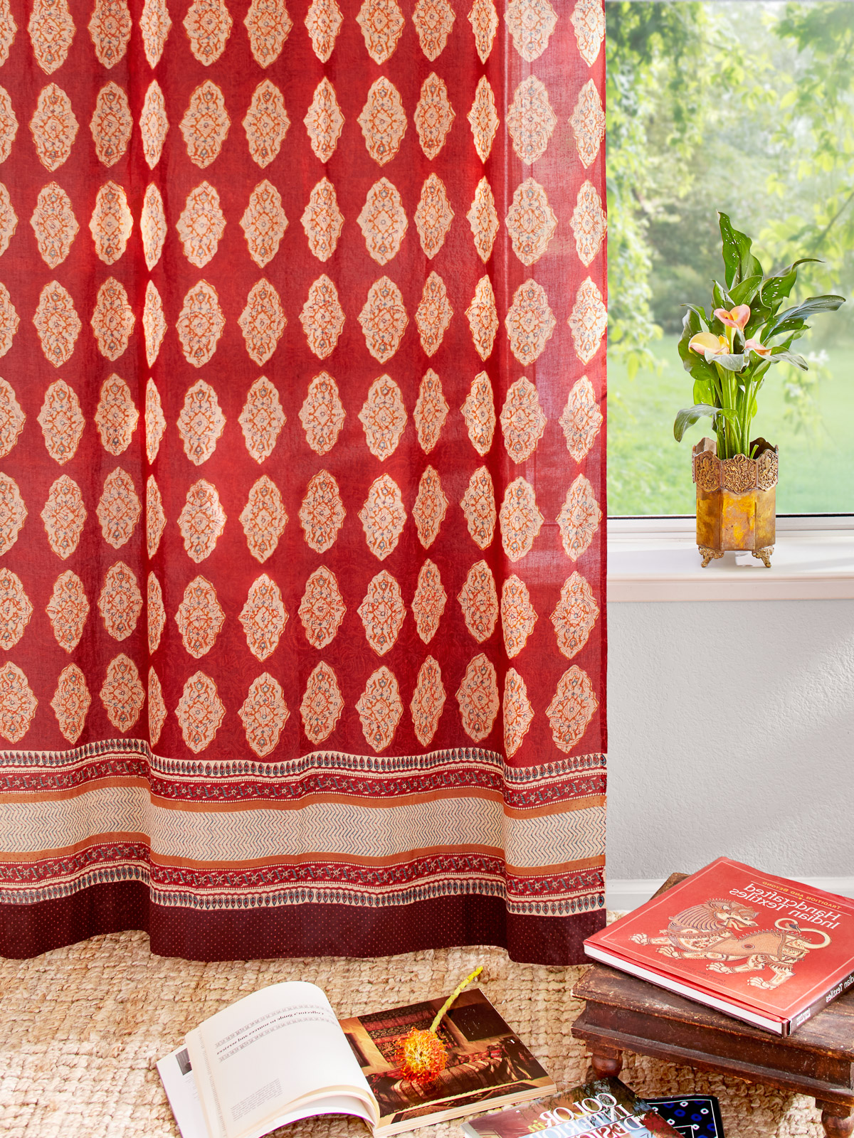 Spice Route ~ Red Orange Moroccan Indian Sheer Curtain Panel