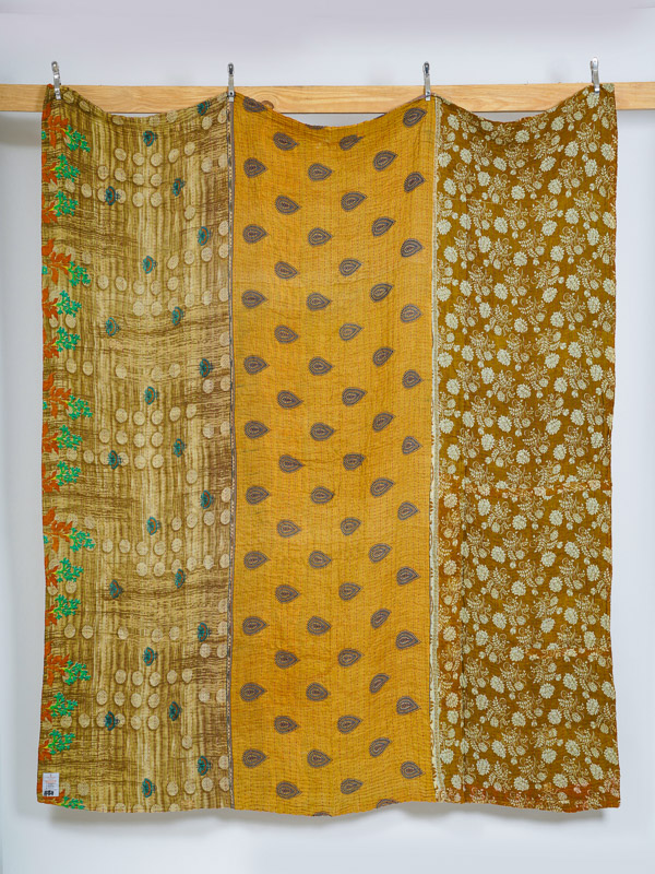 Olive Mustard Gold Meadow Queen Kantha Bedspread