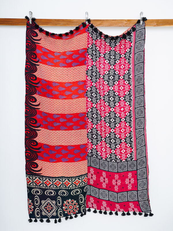 Crimson Palace Mosaic Kantha Throw Quilt