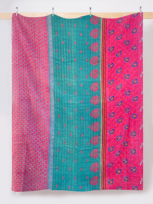 Turquoise Peacock Bazaar Queen Kantha Quilt